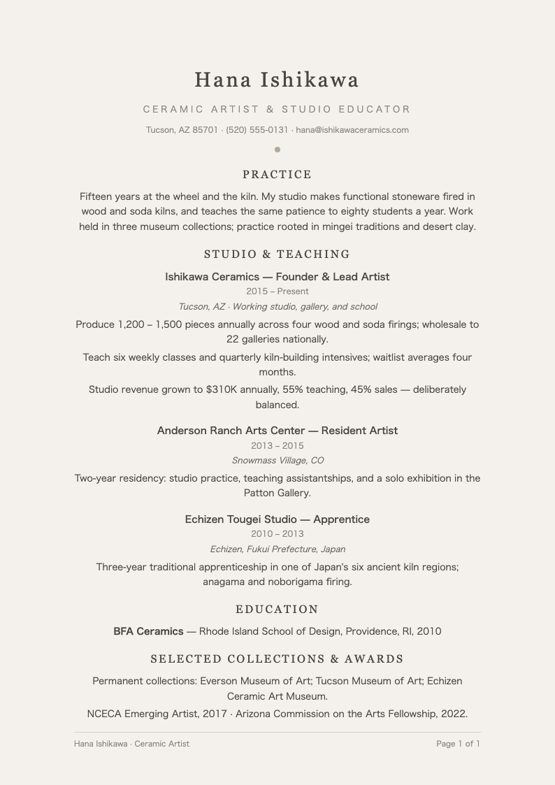 Wabi sabi organic resume - A wabi-sabi Resume template in muted stone tones with centered zen spacing, composed for ceramic artists, craftspeople, and quiet studio educators.